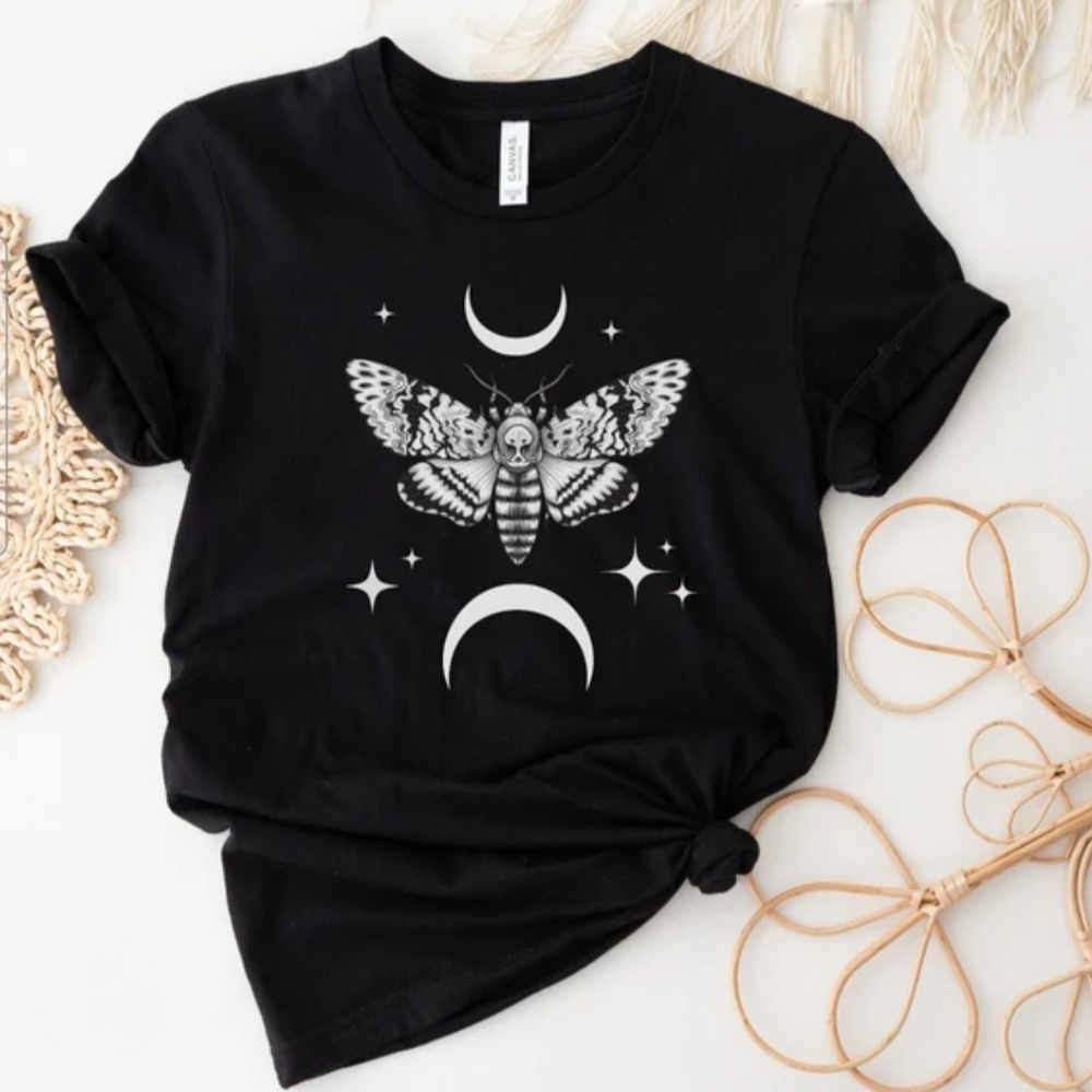 Bella Canvas Black Tee with Moth and Moon Design